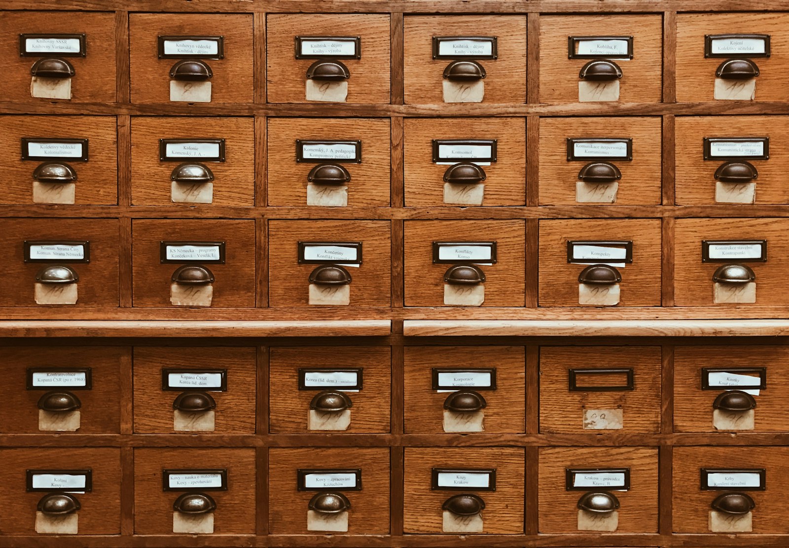 A wall of wooden card-catalogue drawers